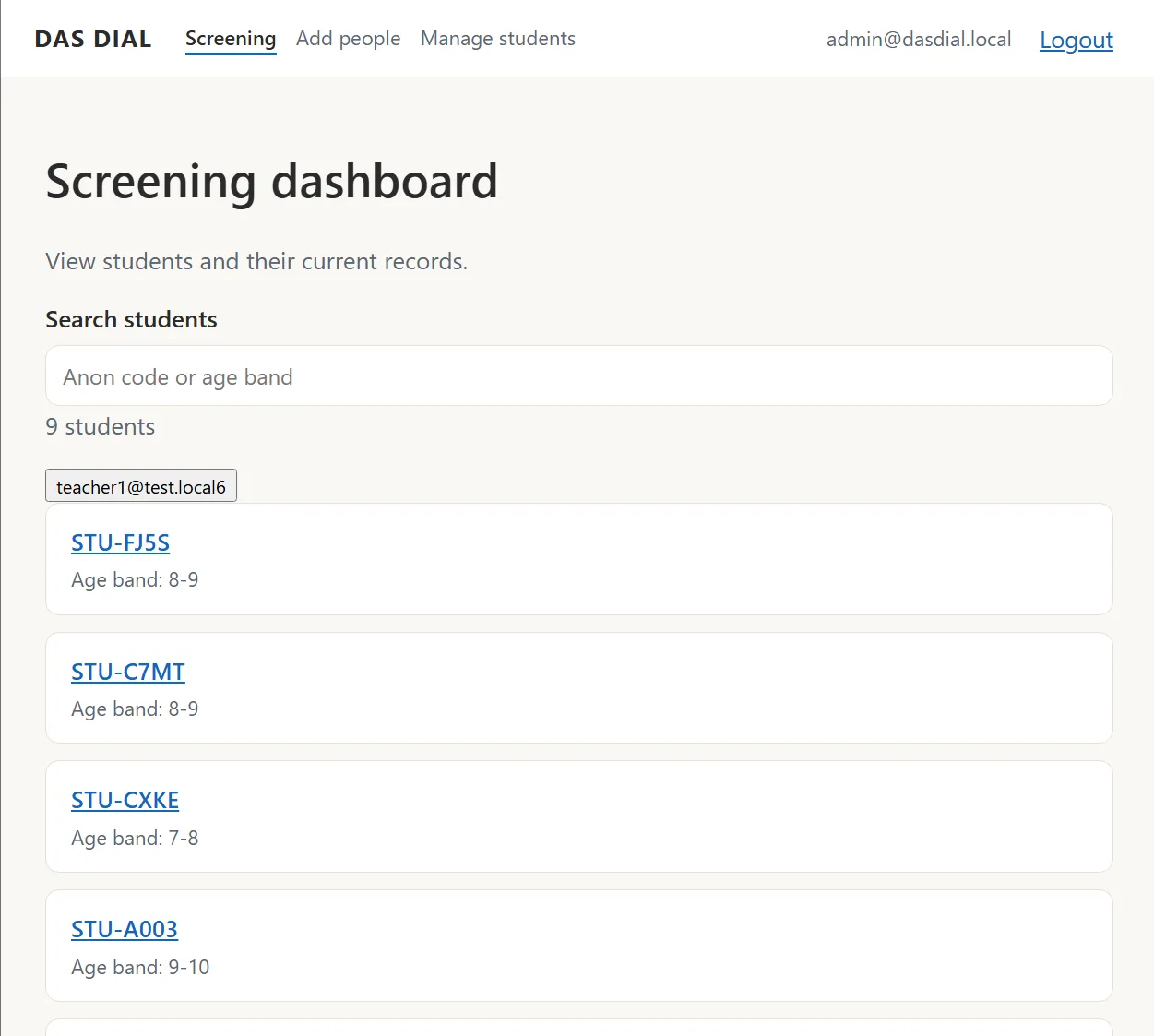 das-dial screening dashboard listing anonymised students